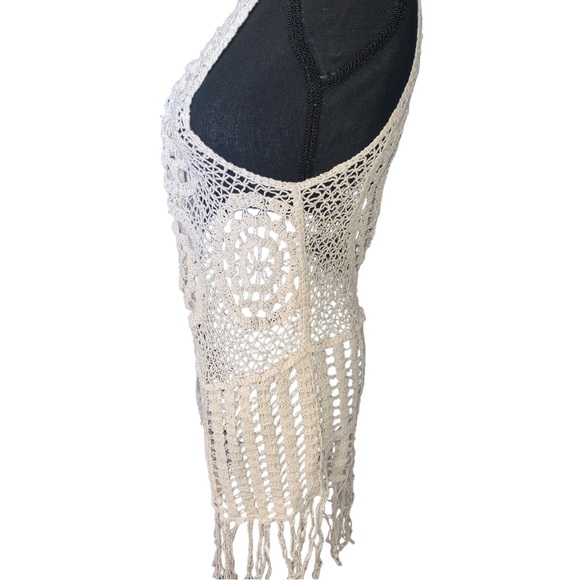 Its pink crochet fringe boho knitted long vest tan cream retro hippie medium - Picture 7 of 12